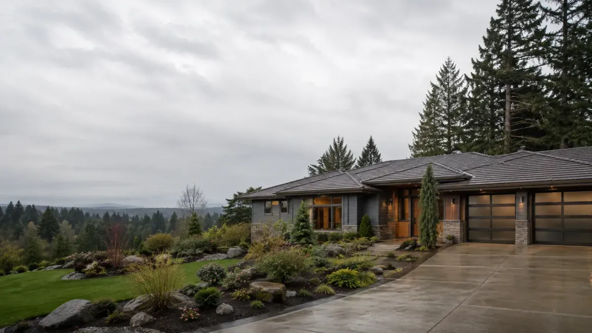 Single-story Bellevue home with broad rooflines, attached garage, landscaped yard, and energy-efficient design.