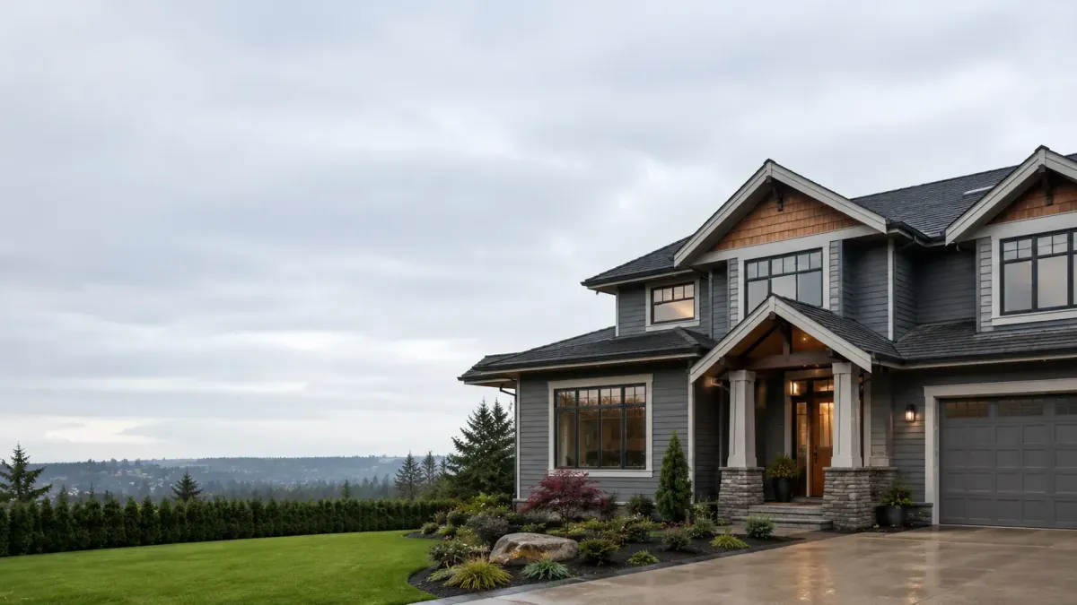 Single-story Bellevue home with broad rooflines, attached garage, landscaped yard, and energy-efficient design.