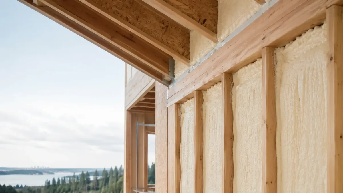 Professional spray foam insulation installed between residential wall framing for improved air sealing and energy efficiency in Bellevue, WA.