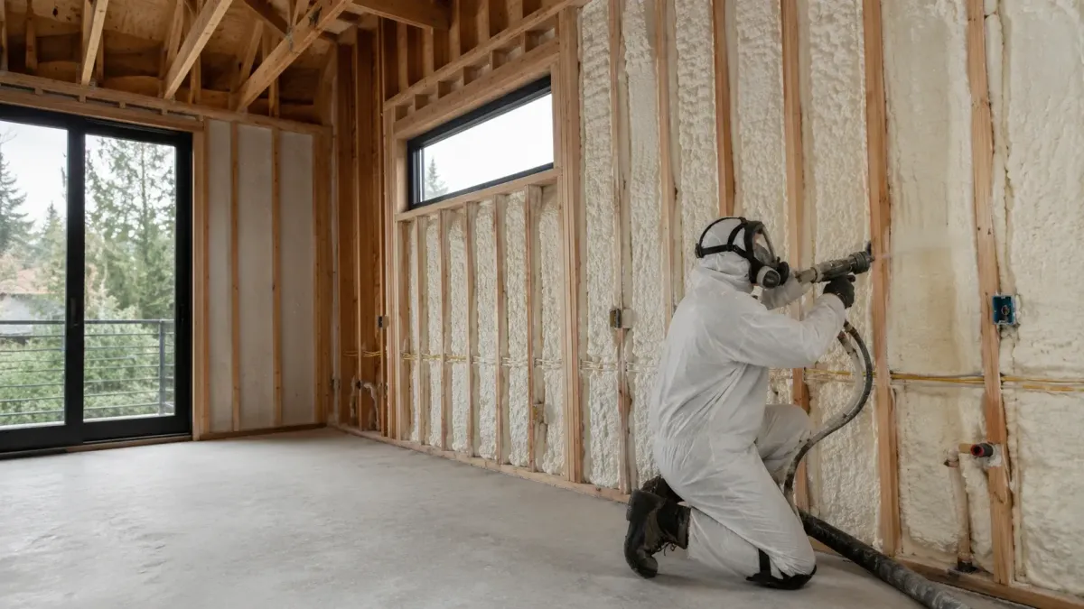 Technician installing spray foam wall insulation between studs in a Bellevue WA home