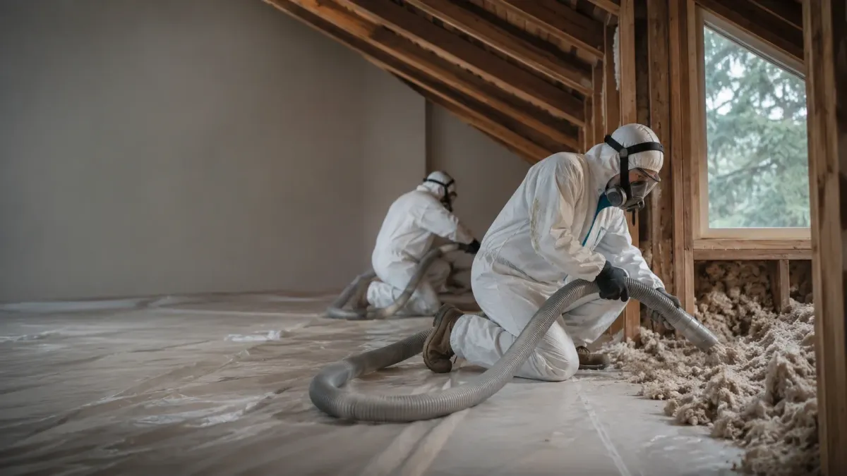 Professional insulation removal crew vacuuming old attic insulation in a Bellevue WA home