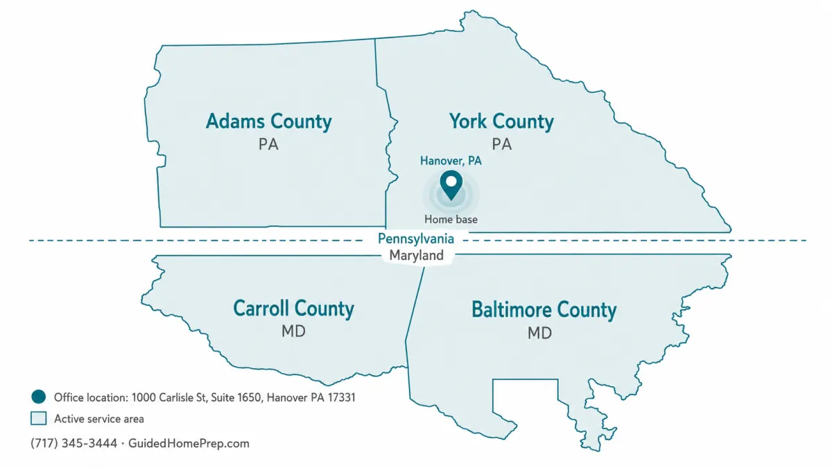 Interactive service area map centered on Hanover, PA 17331 covering York, Adams, Carroll, and Baltimore counties.