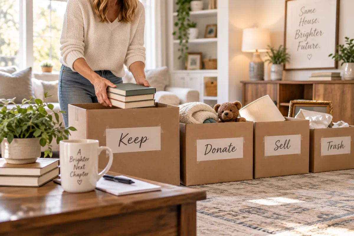 Homeowner sorting belongings into keep, donate, sell, and remove categories while preparing a house for sale