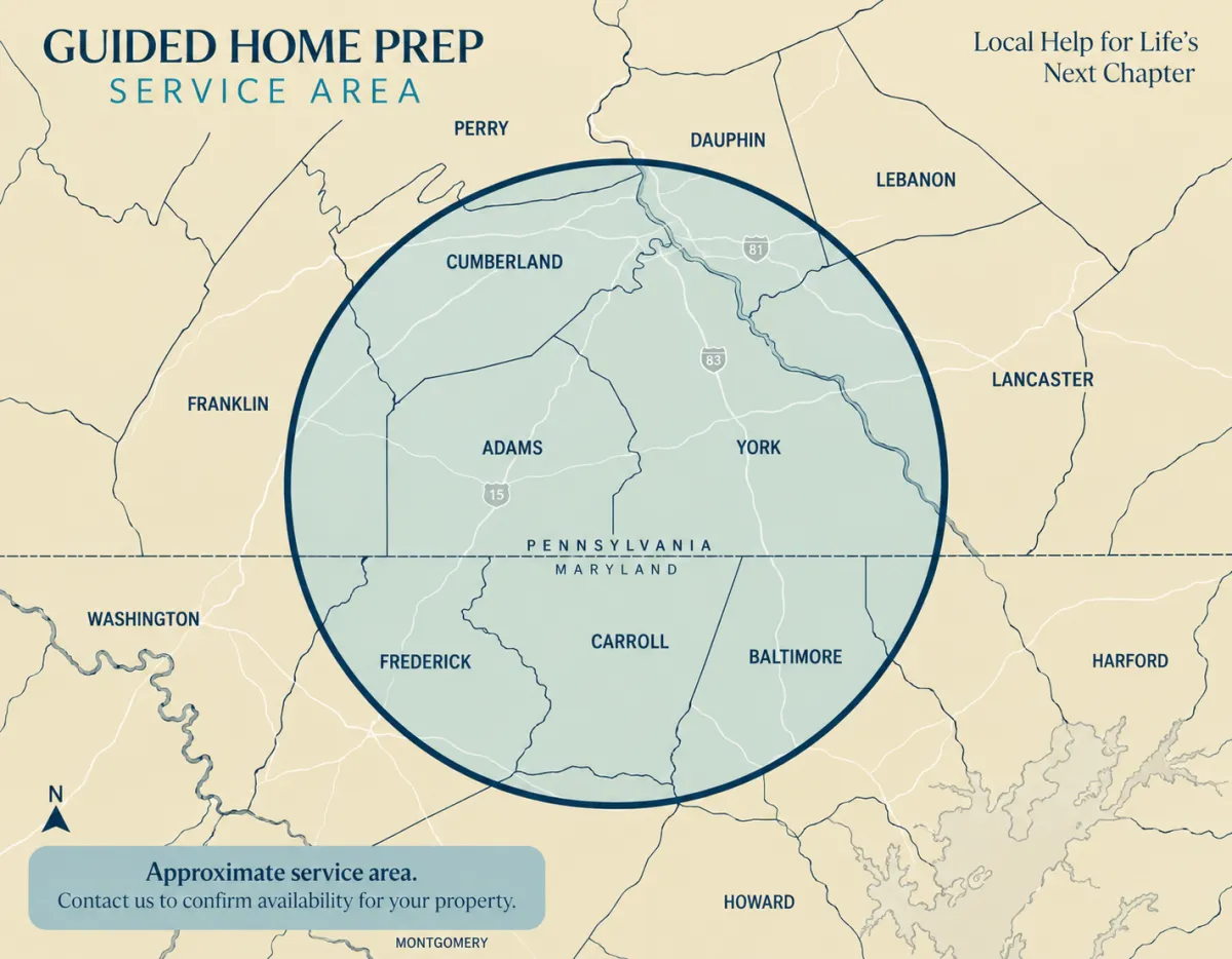 Interactive service area map centered on Hanover, PA 17331 covering York, Adams, Carroll, and Baltimore counties.