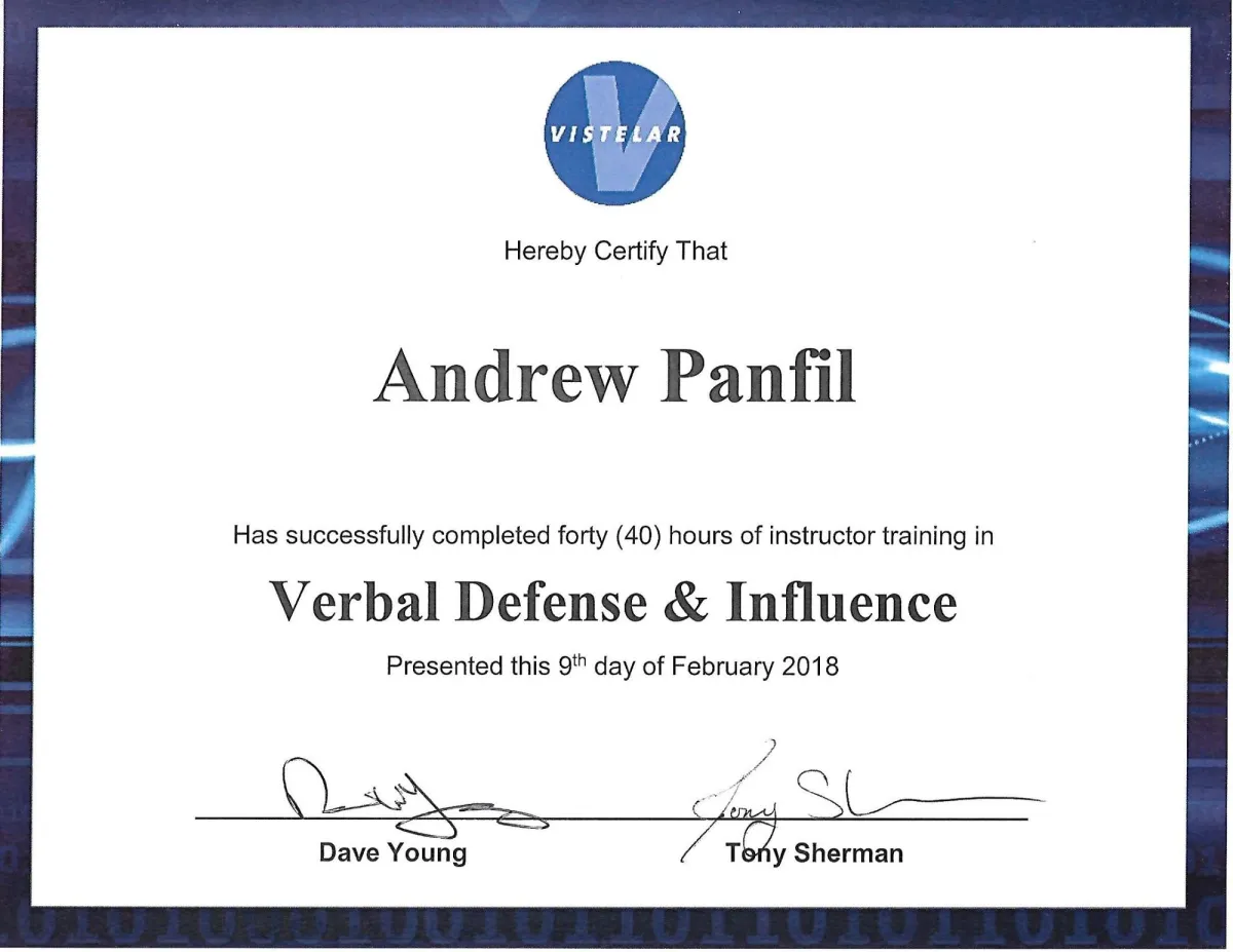 Vistelar Certified Verbal Influence and Defense Instructor