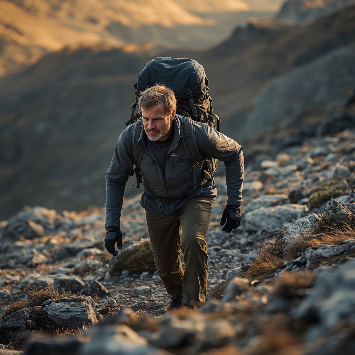 A strong, fit man in his 40s hiking uphill on a rugged mountain trail at sunrise, carrying a large backpack and moving with focused power and determination