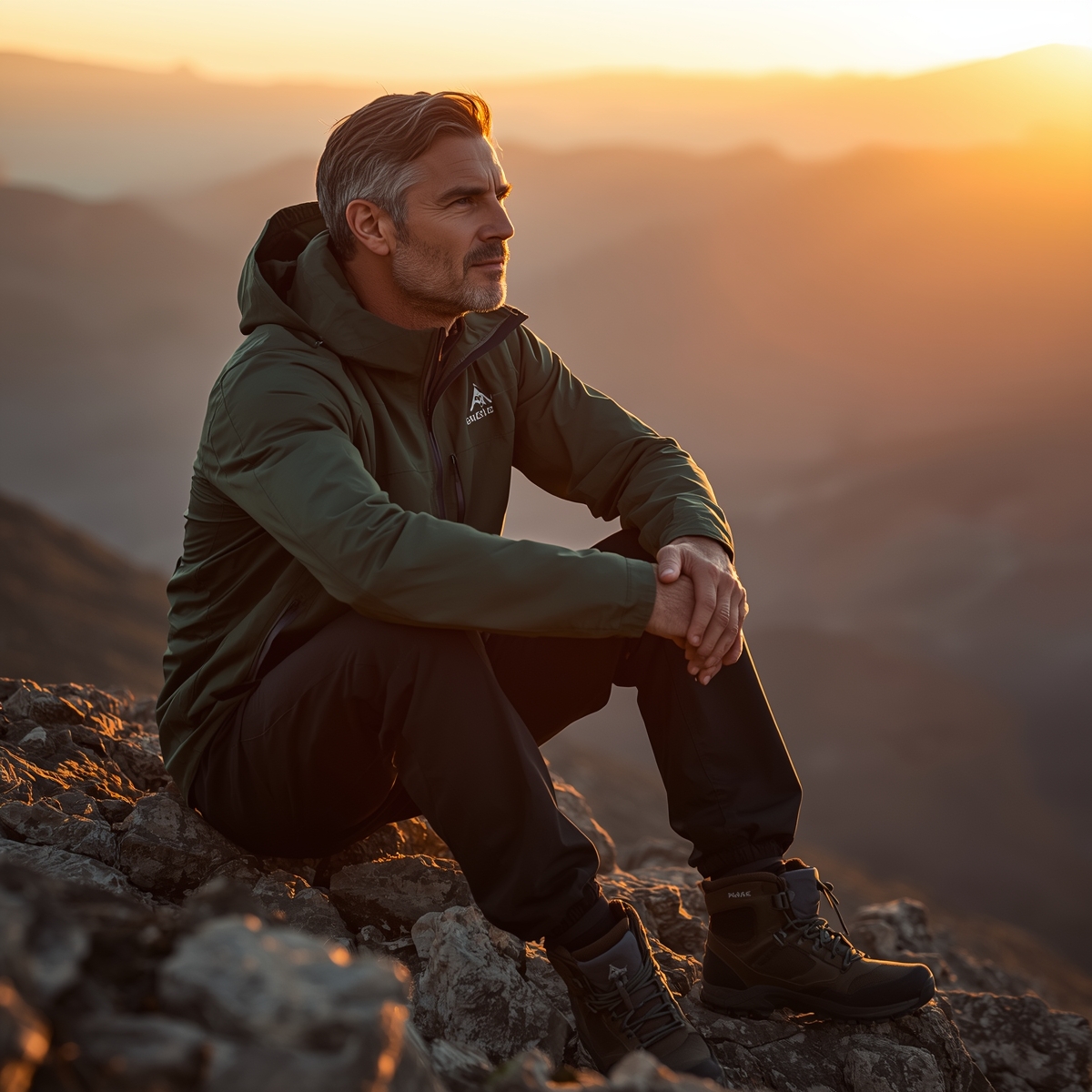 A grounded man in his 40s sitting on rocky terrain at sunrise, hands resting naturally on his legs, looking calm and centered as he focuses on the horizon.