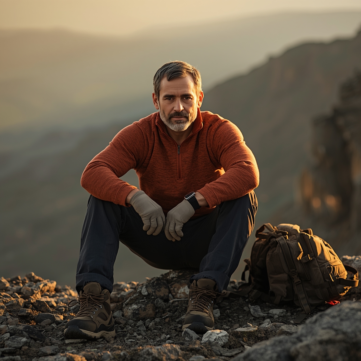 A reflective man in his 40s wearing an orange long-sleeve shirt, seated on a mountain ridge at sunrise with a backpack beside him, embodying emotional steadiness and grounded presence.