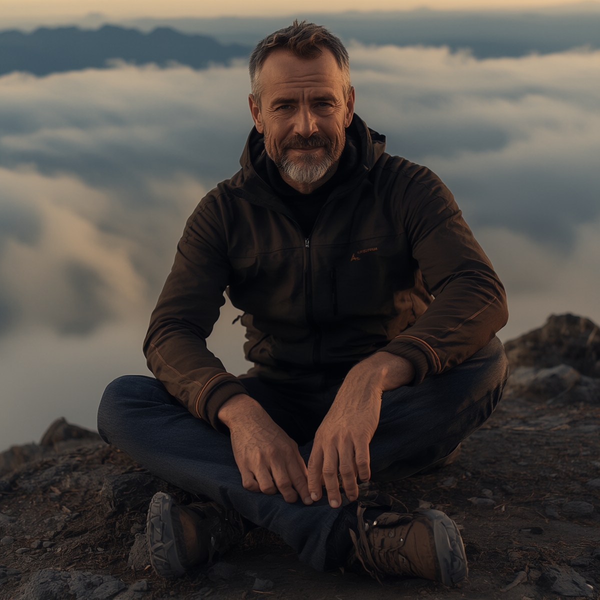 A calm, introspective man in his 40s sitting cross-legged on a high mountain peak above the clouds, gazing softly forward in a moment of deep awareness and clarity.