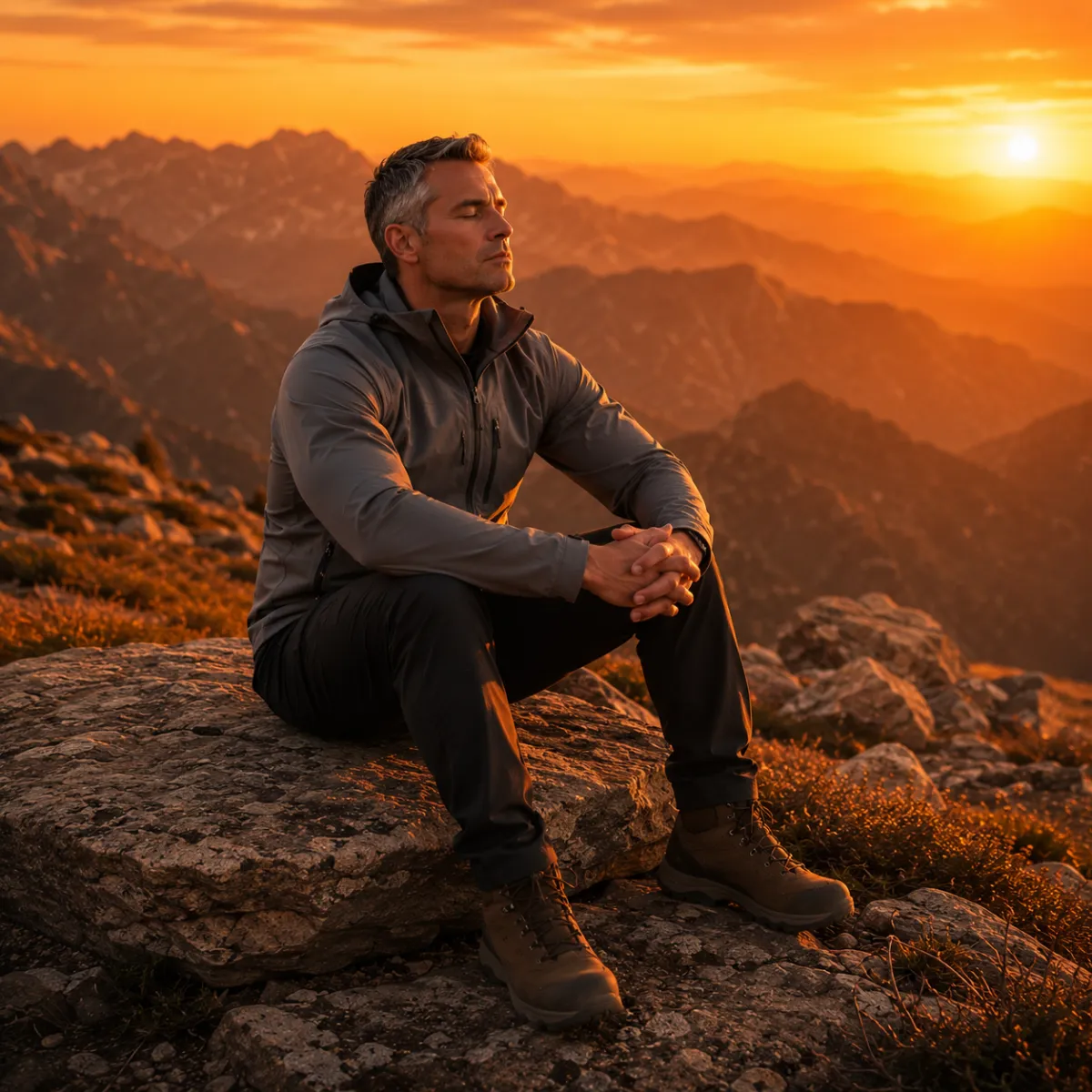 A grounded man in his 40s sitting on rocky terrain at sunrise, hands resting naturally on his legs, looking calm and centered as he focuses on the horizon.