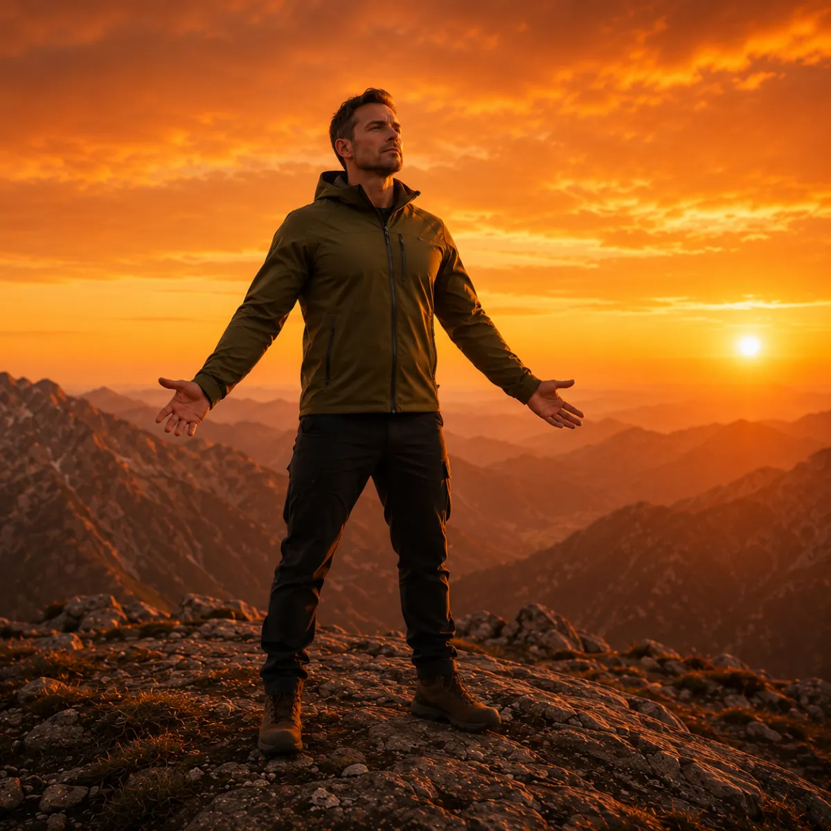 A reflective man in his 40s wearing an orange long-sleeve shirt, seated on a mountain ridge at sunrise with a backpack beside him, embodying emotional steadiness and grounded presence.
