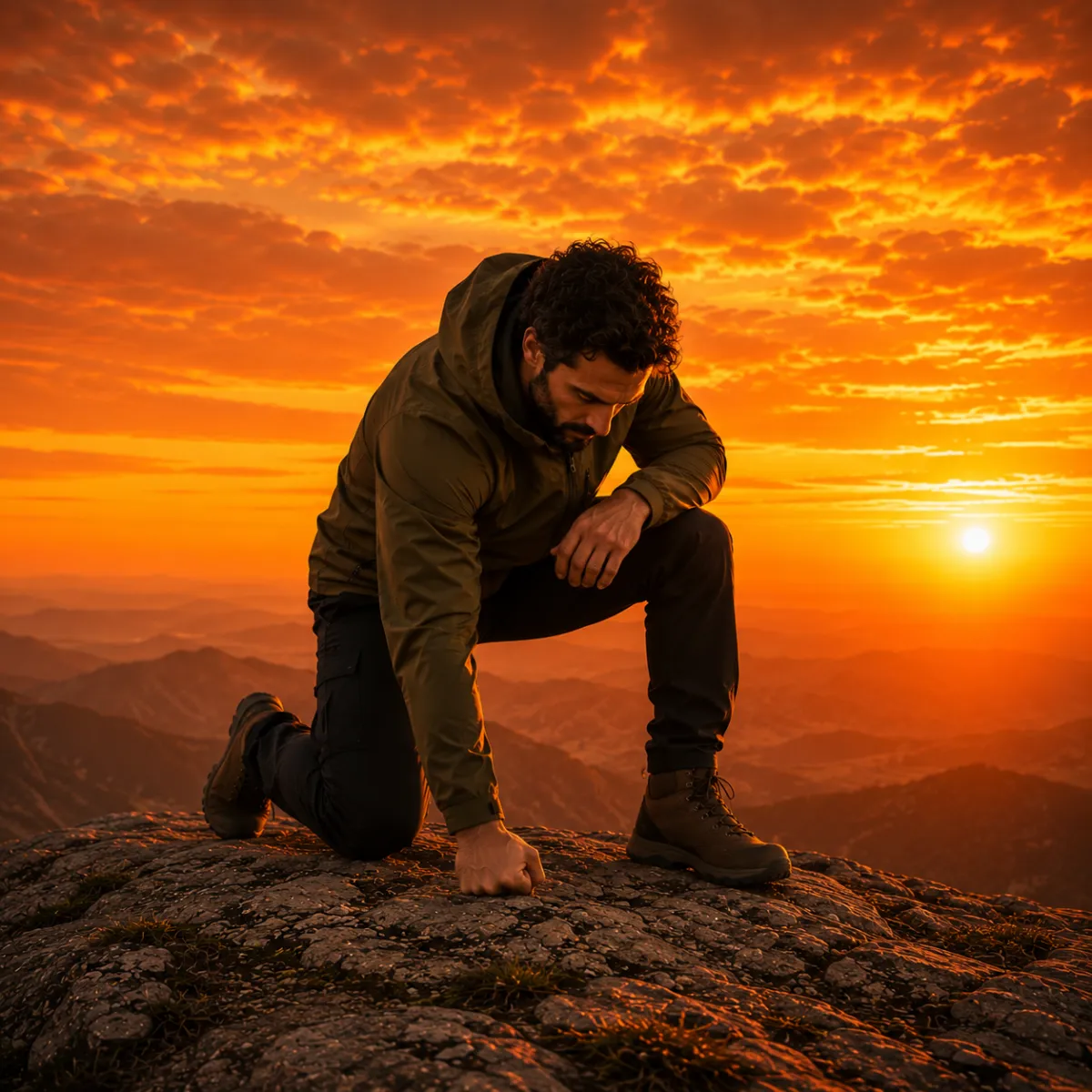 A strong, contemplative man in his 40s standing on a rocky summit at sunset with hands in his pockets, looking out over distant mountains in a moment of grounded purpose.