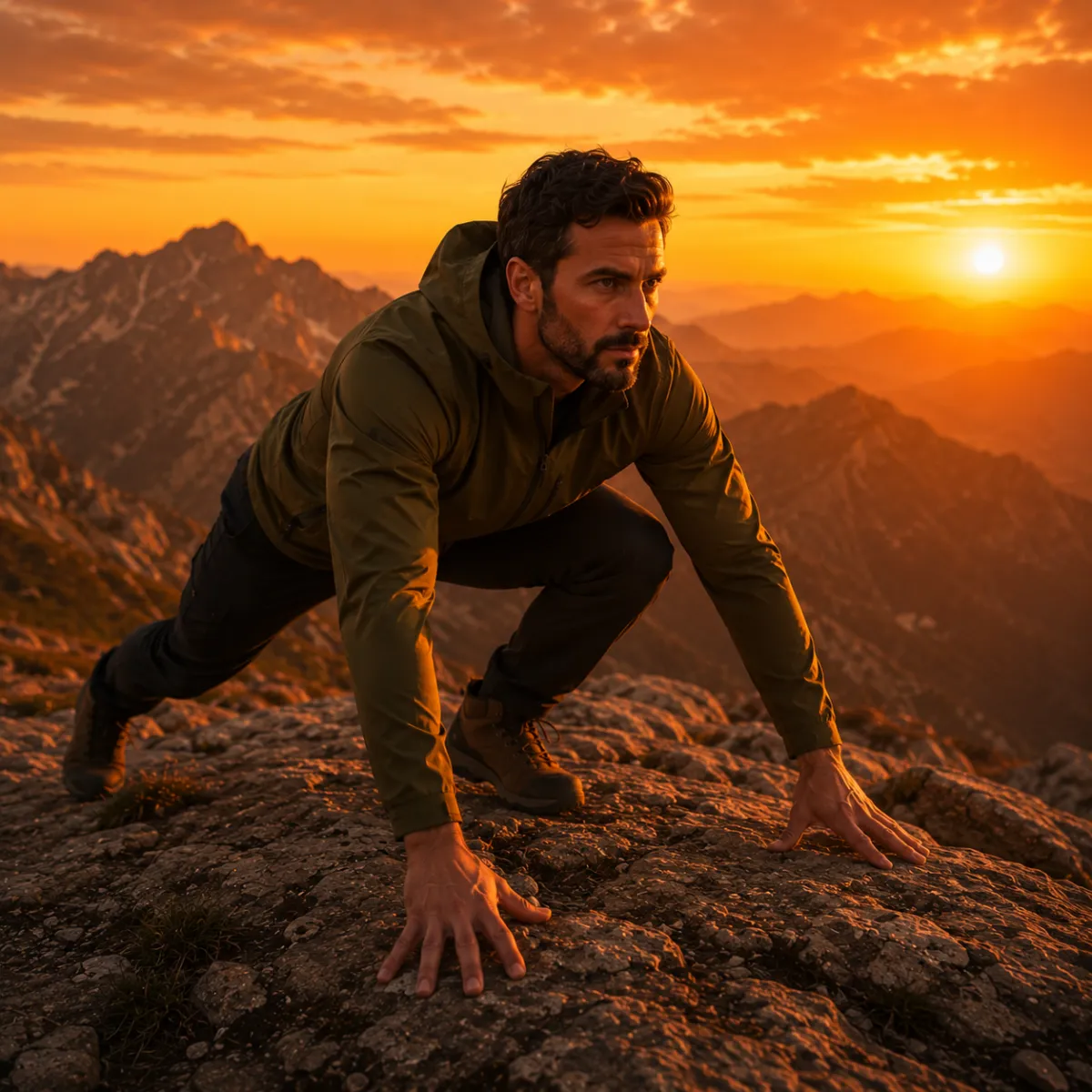 A strong, fit man in his 40s hiking uphill on a rugged mountain trail at sunrise, carrying a large backpack and moving with focused power and determination