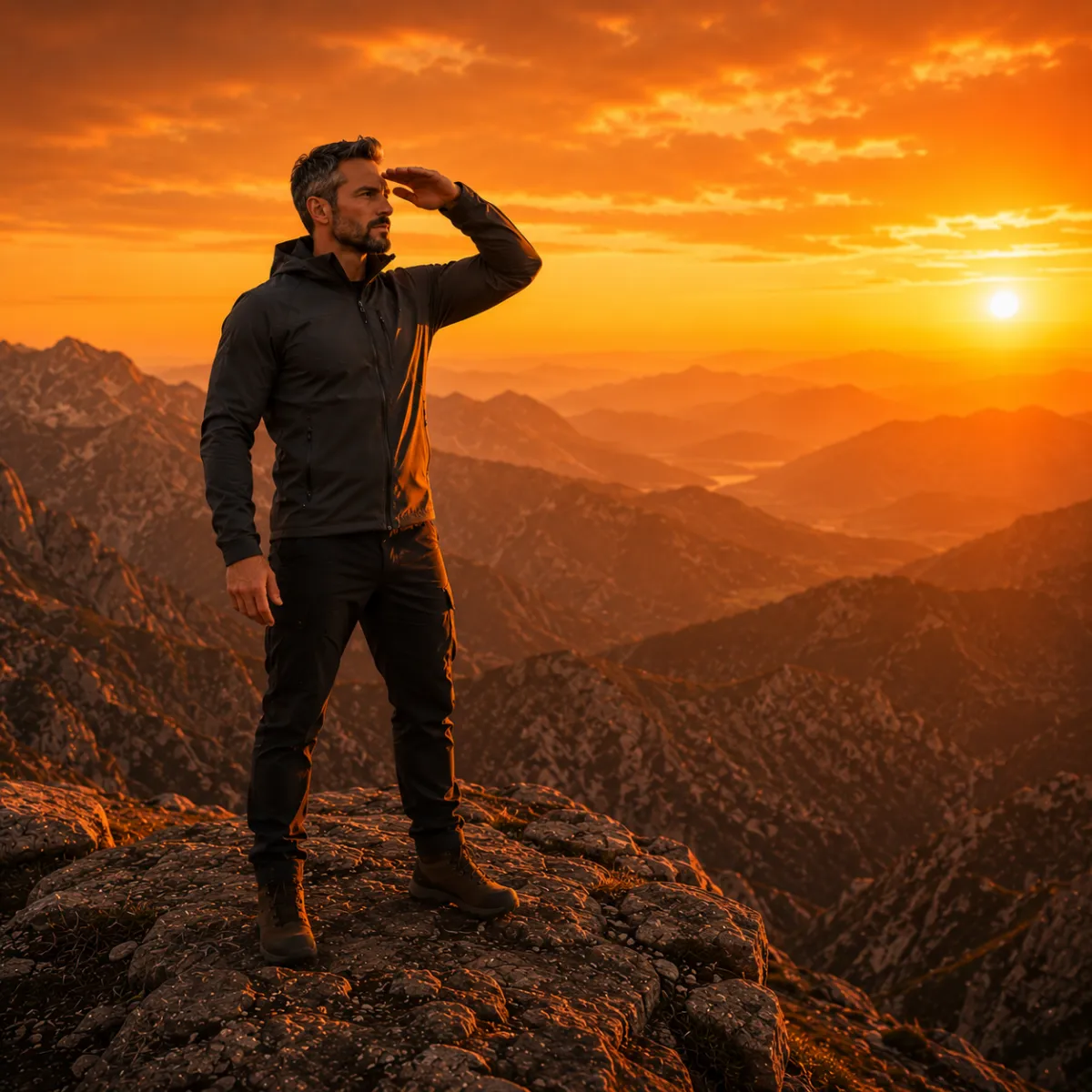 A calm, introspective man in his 40s sitting cross-legged on a high mountain peak above the clouds, gazing softly forward in a moment of deep awareness and clarity.