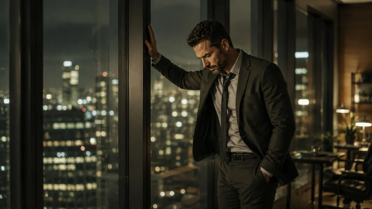 Exhausted high-achieving executive leaning against office window at night, showing signs of burnout