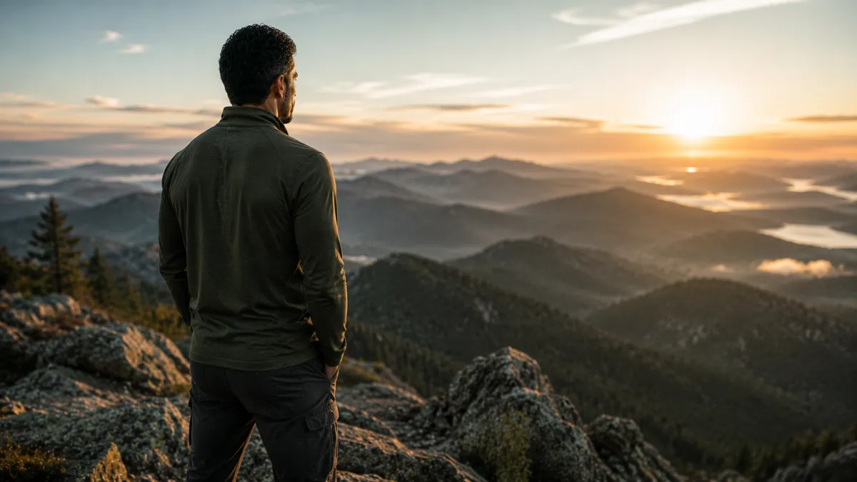 Man standing alone at mountain summit overlook at sunrise reflecting on purpose