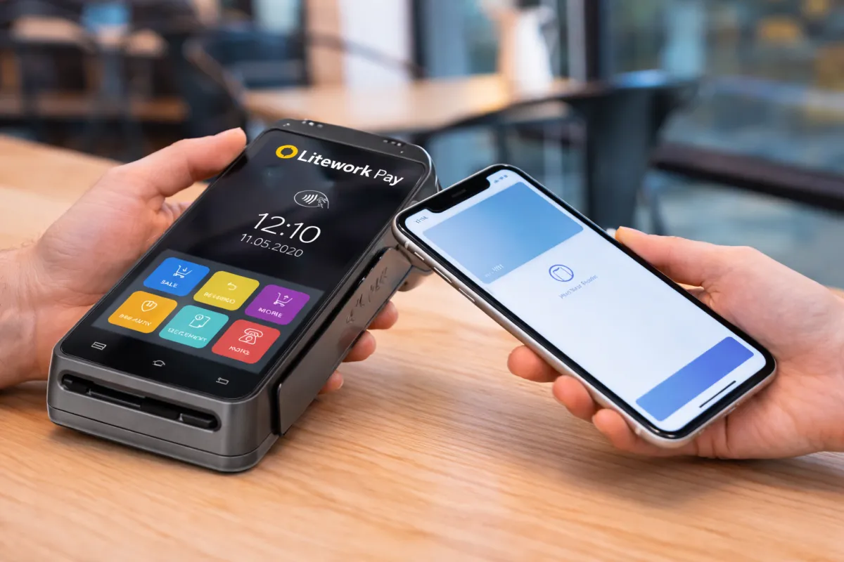 L payment dashboard on a tablet showing charts and transactions