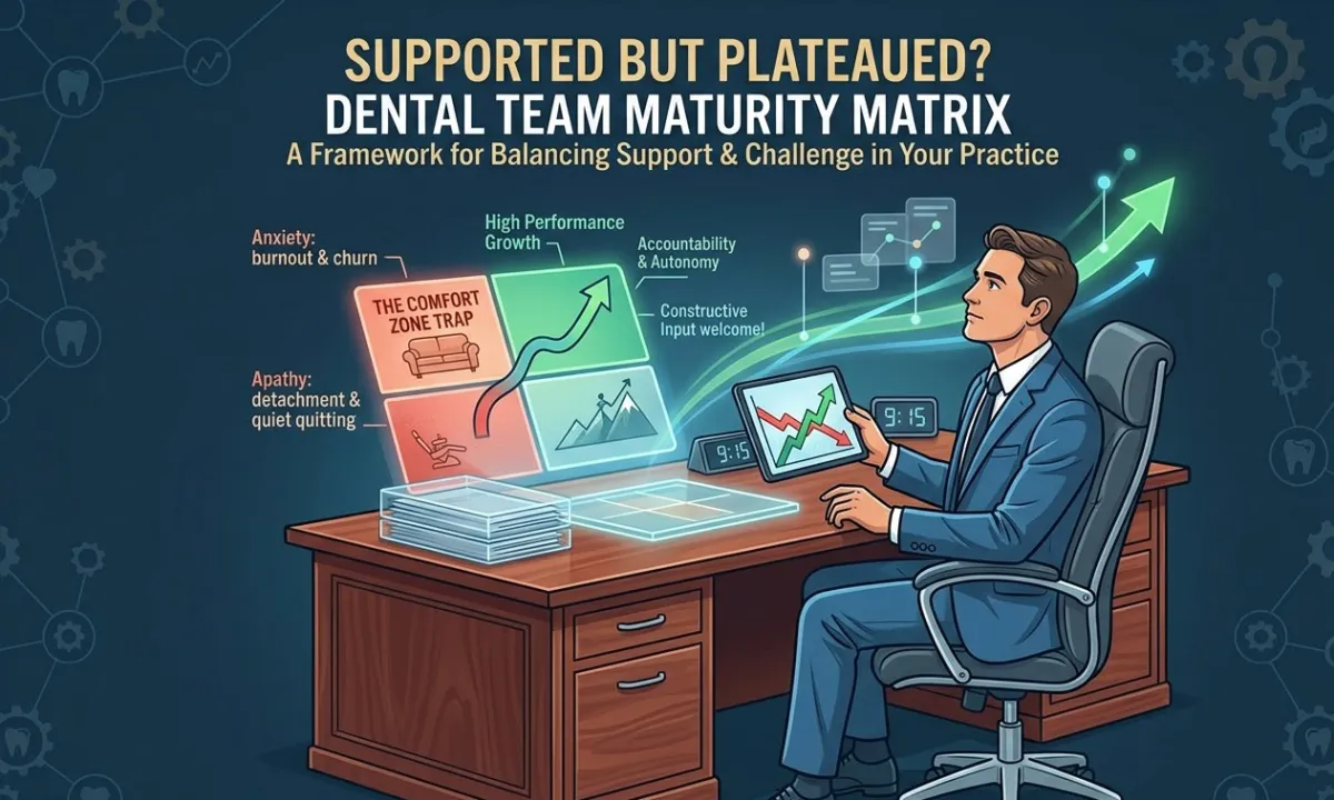 An executive sitting at a desk looking at a digital "Support vs. Challenge"