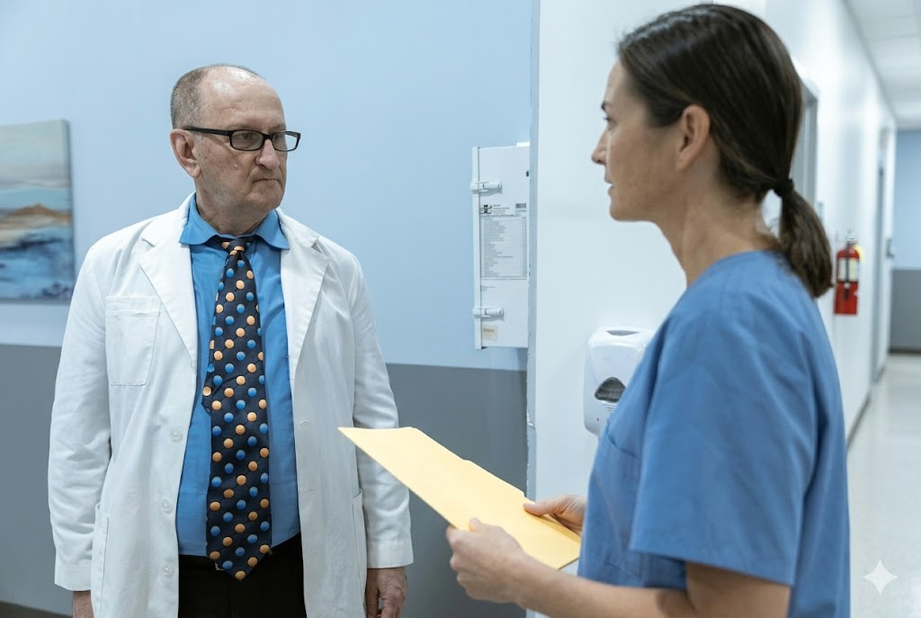 Dental practice management: A principal dentist and staff member engaging in a two-minute feedback check-in to improve dental team performance and culture.
