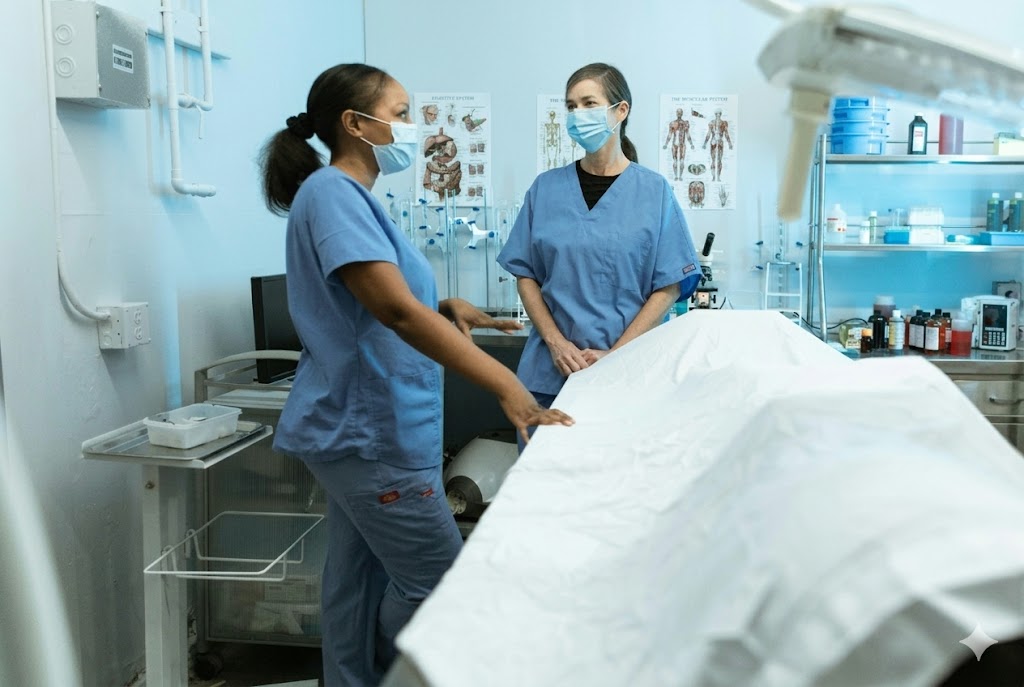 Dental leadership: A principal dentist having an informal check-in with a younger staff member, replacing the traditional annual review with continuous feedback.