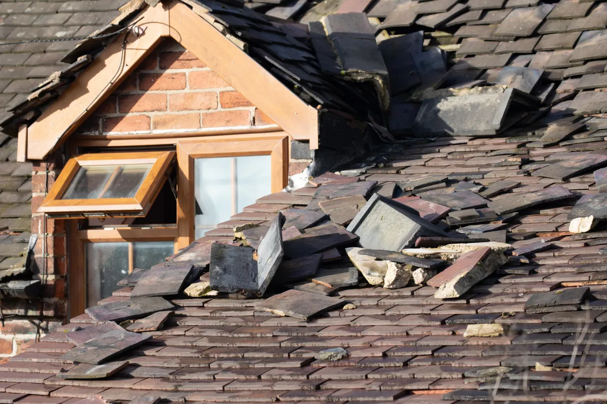 Damaged shingles in need of repair on roof with front window of house open