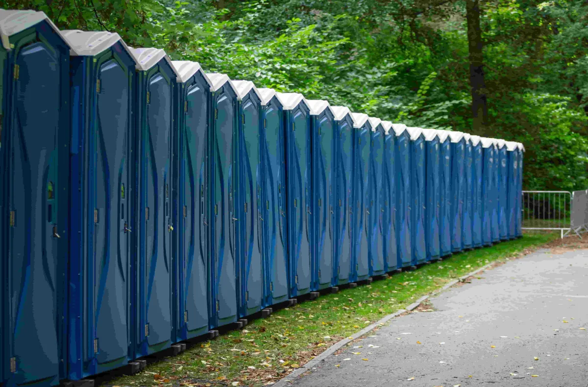 Twenty five blue portable toilets lined up side by side on grass in front of green trees