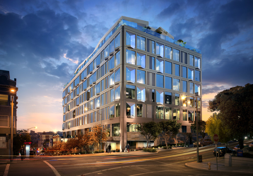 The Pacific luxury residential facade in San Francisco featuring monolithic custom stone cladding