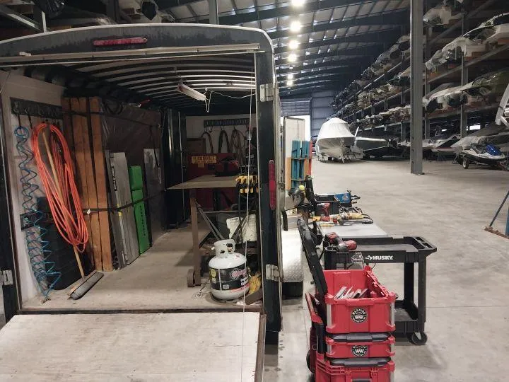 Interior of mobile welding trailer showcasing safety and quality equipment at Warrior Welding