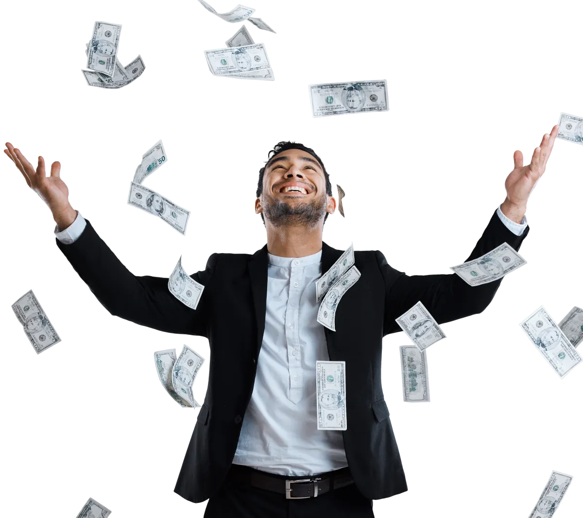 Money falling on a happy businessman with his arms outstretched