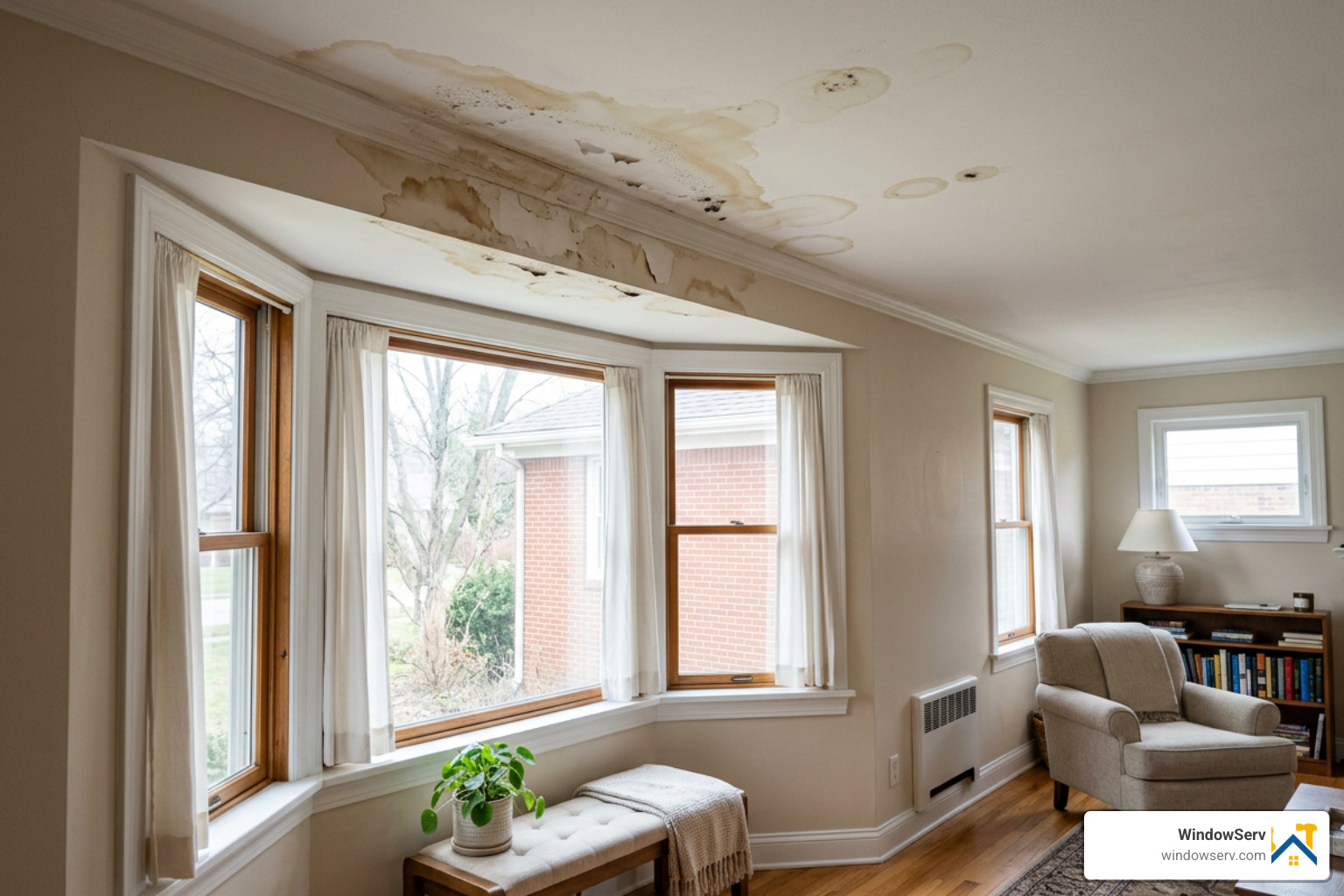 bay window leak with water stains on ceiling interior