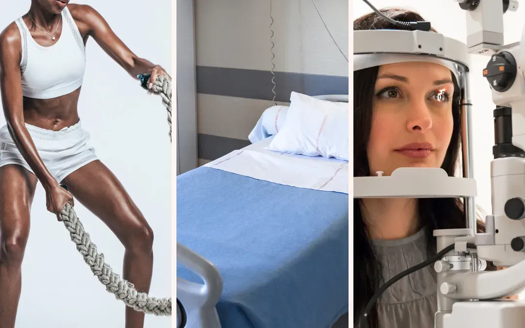 Fitness workout with battle rope, hospital bed in clinic room, and woman having an eye exam.
