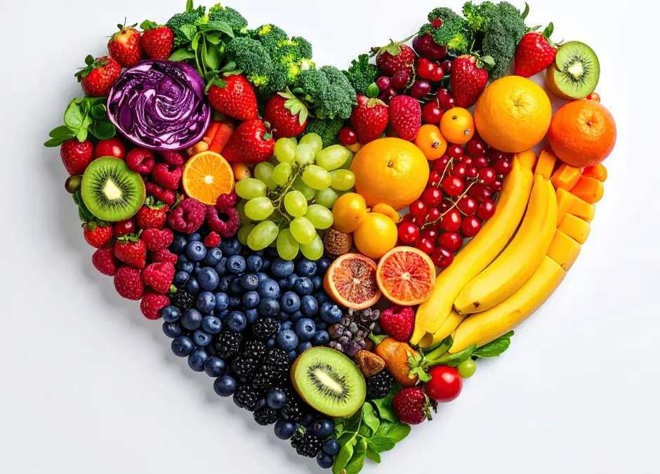 Heart-shaped arrangement of fresh fruits and vegetables symbolizing healthy eating.