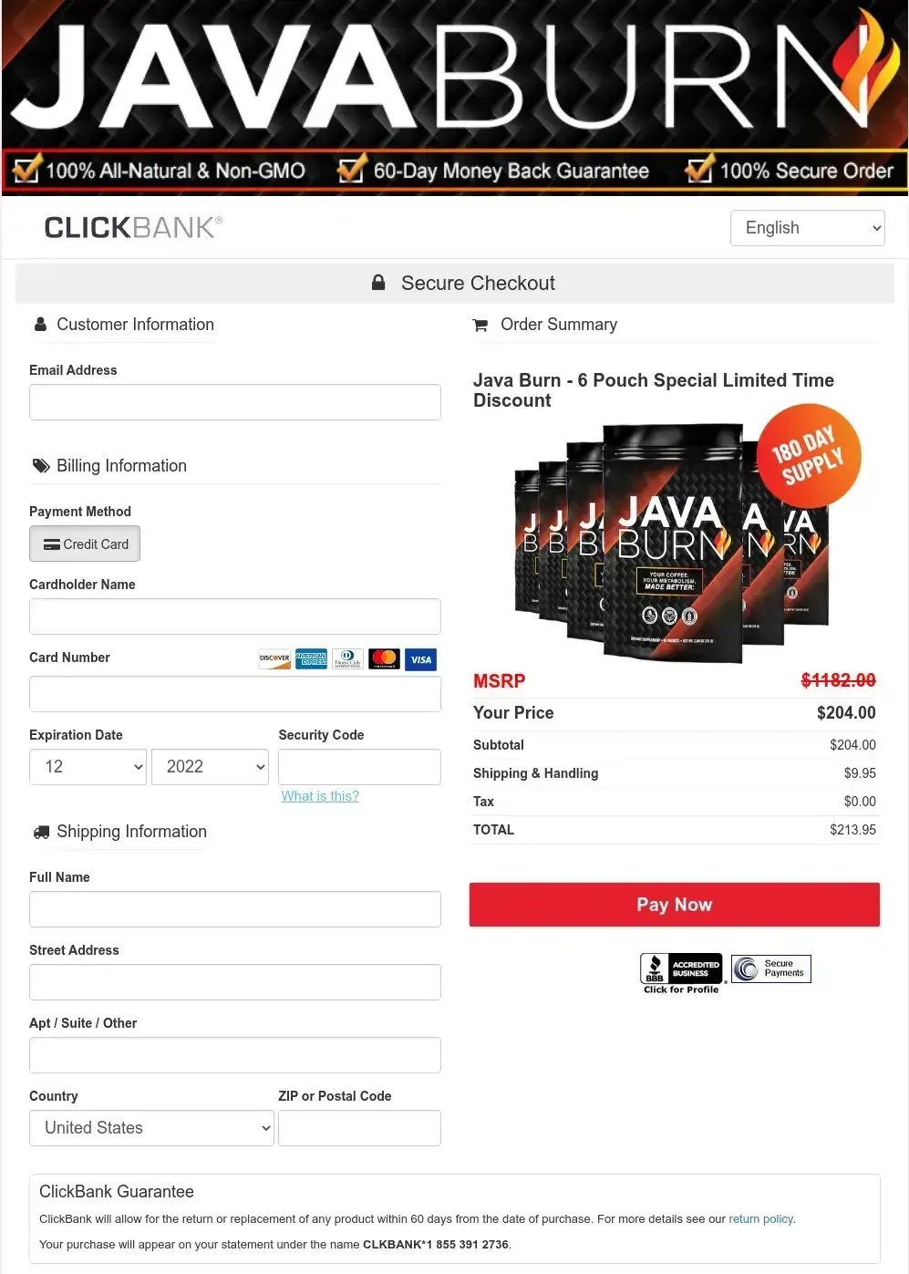 Java Burn offer page