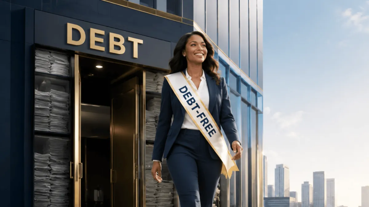Woman wearing a Debt Free sash walks through a doorway labeled Debt Free, illustrating what to do after becoming debt-free.