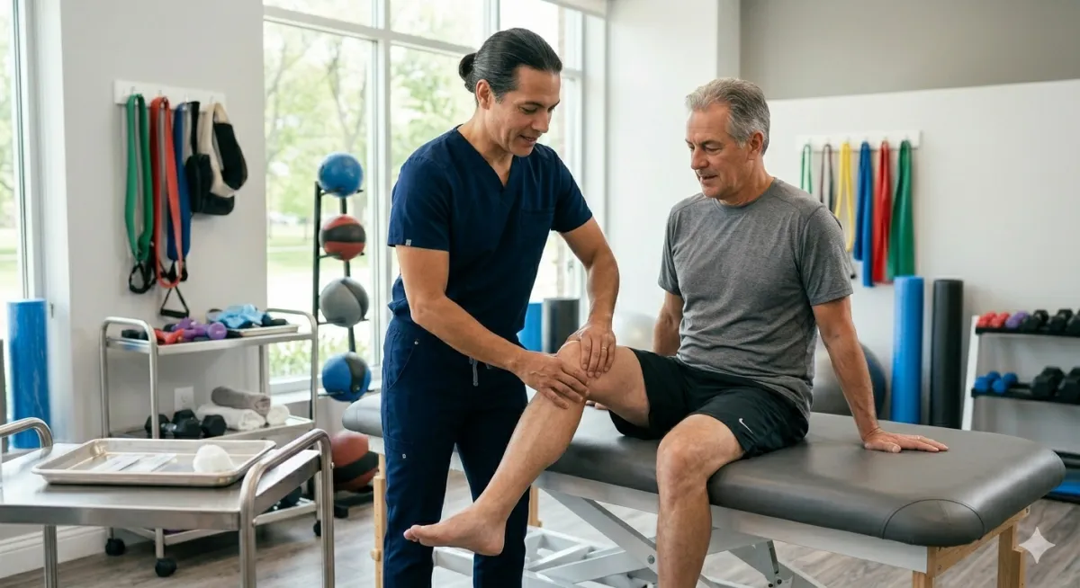 Physical therapist evaluating knee pain at NJ Rehab Experts in New Jersey