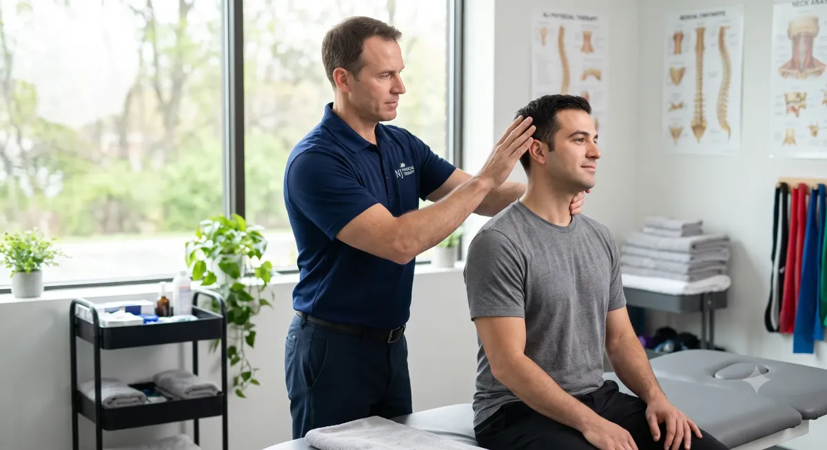 Physical therapist treating a car accident patient for whiplash in Jersey City, NJ