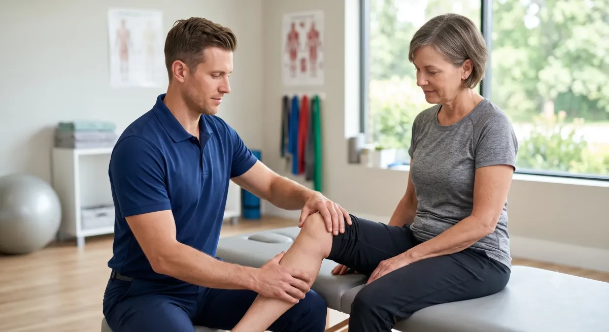 Physical therapist examining knee pain in Jersey City, NJ
