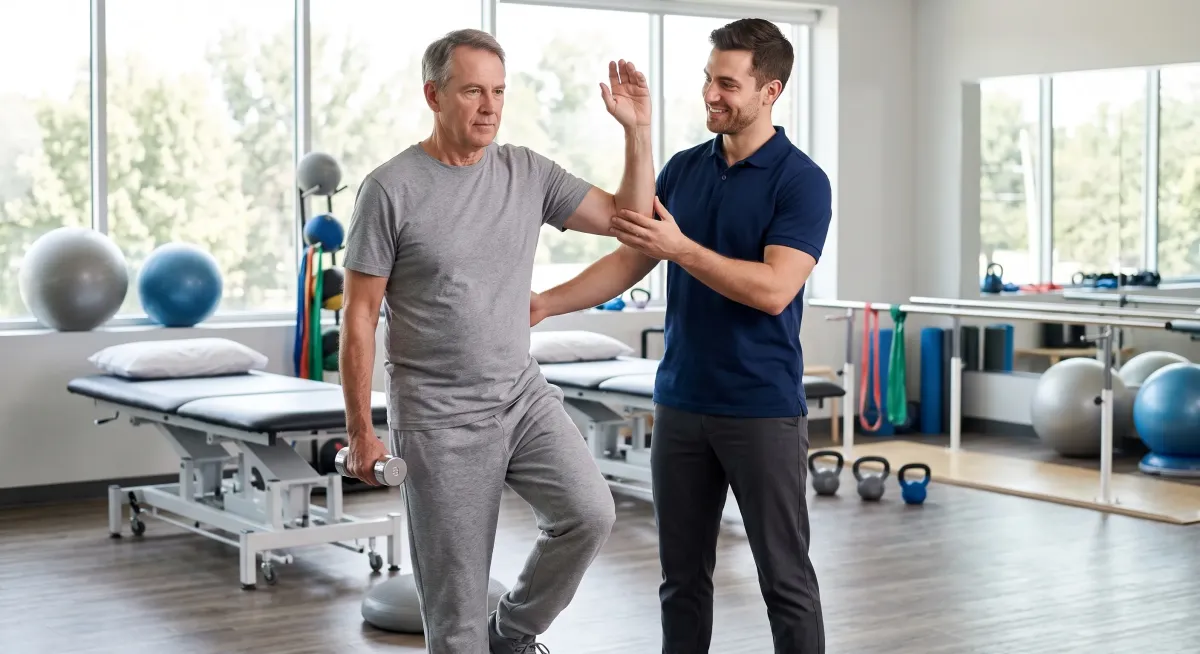 Physical therapist guiding a patient through active rehabilitation in New Jersey