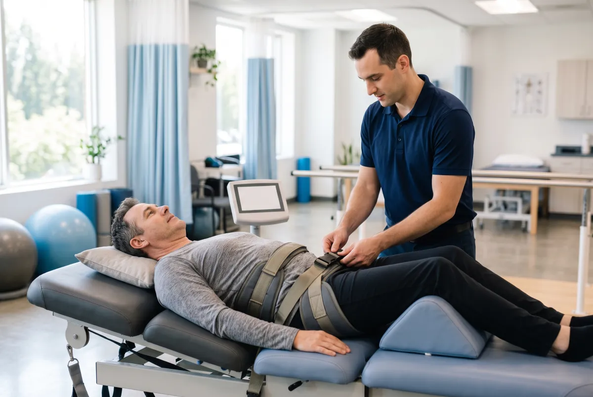 Patient relaxing on a spinal decompression table at the NJ Rehab Experts clinic near Edison, NJ