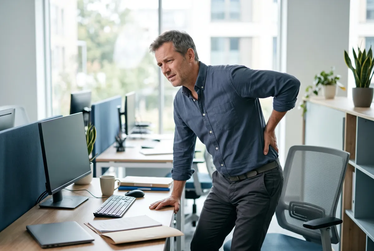 Office worker with lower back pain from sitting, a common sign of a disc problem
