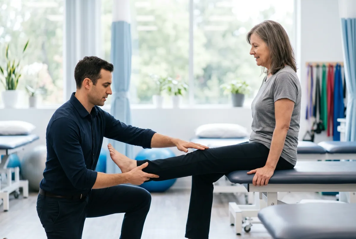 Physical therapist helping a patient from Passaic, NJ with a knee exercise at the NJ Rehab Experts clinic