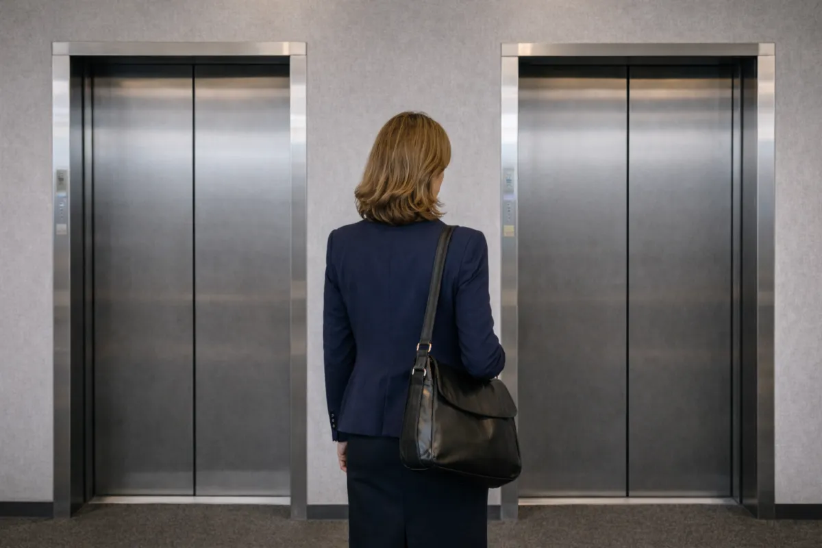 woman facing 2 closed elevator doors