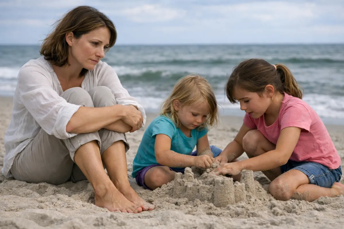 mother and daughters at beach