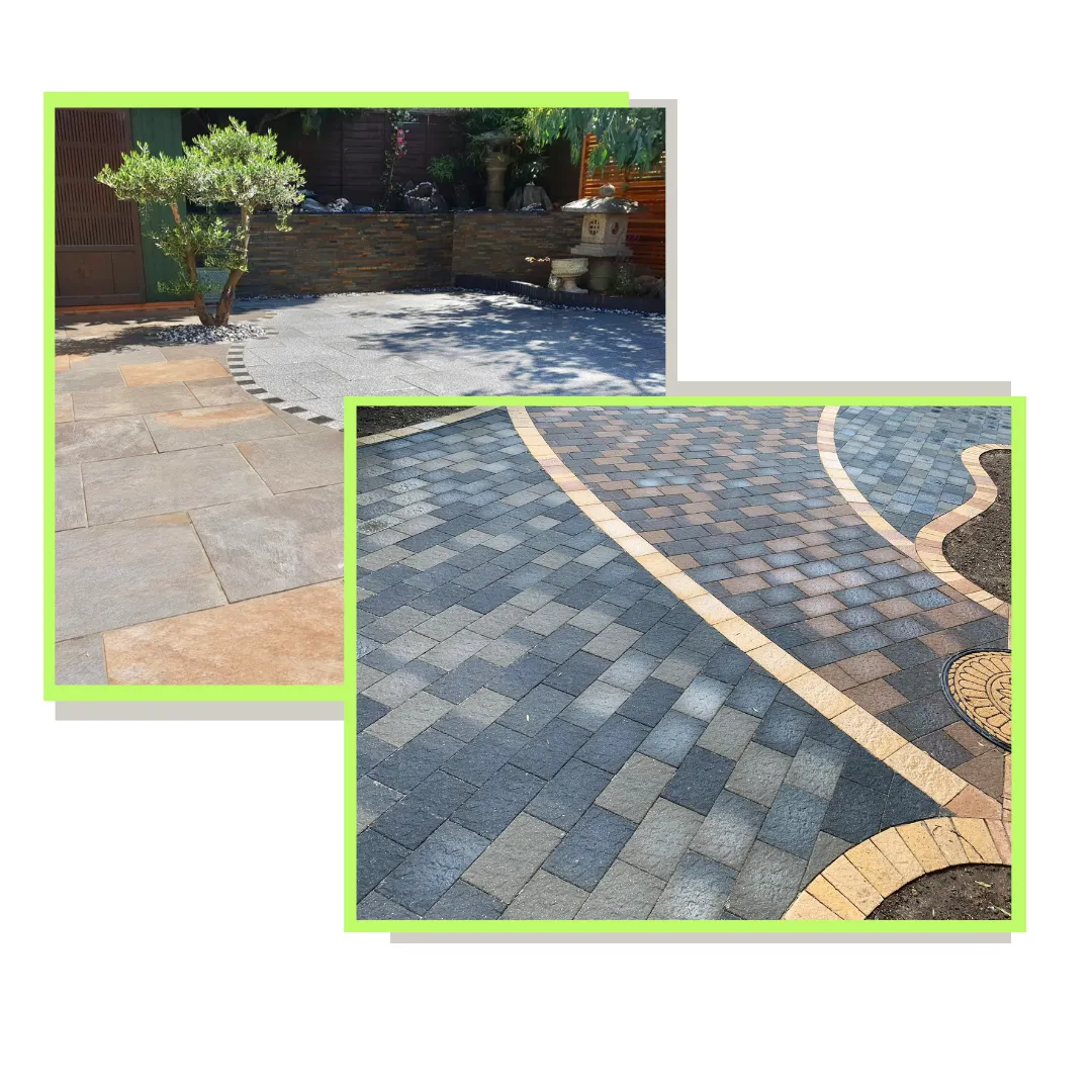 A sweeping curved driveway and patio that adds a touch of elegance and intrigue to the property's entrance. The smoothly winding path guides you through the landscape, A perfect blend of functionality and aesthetic appeal