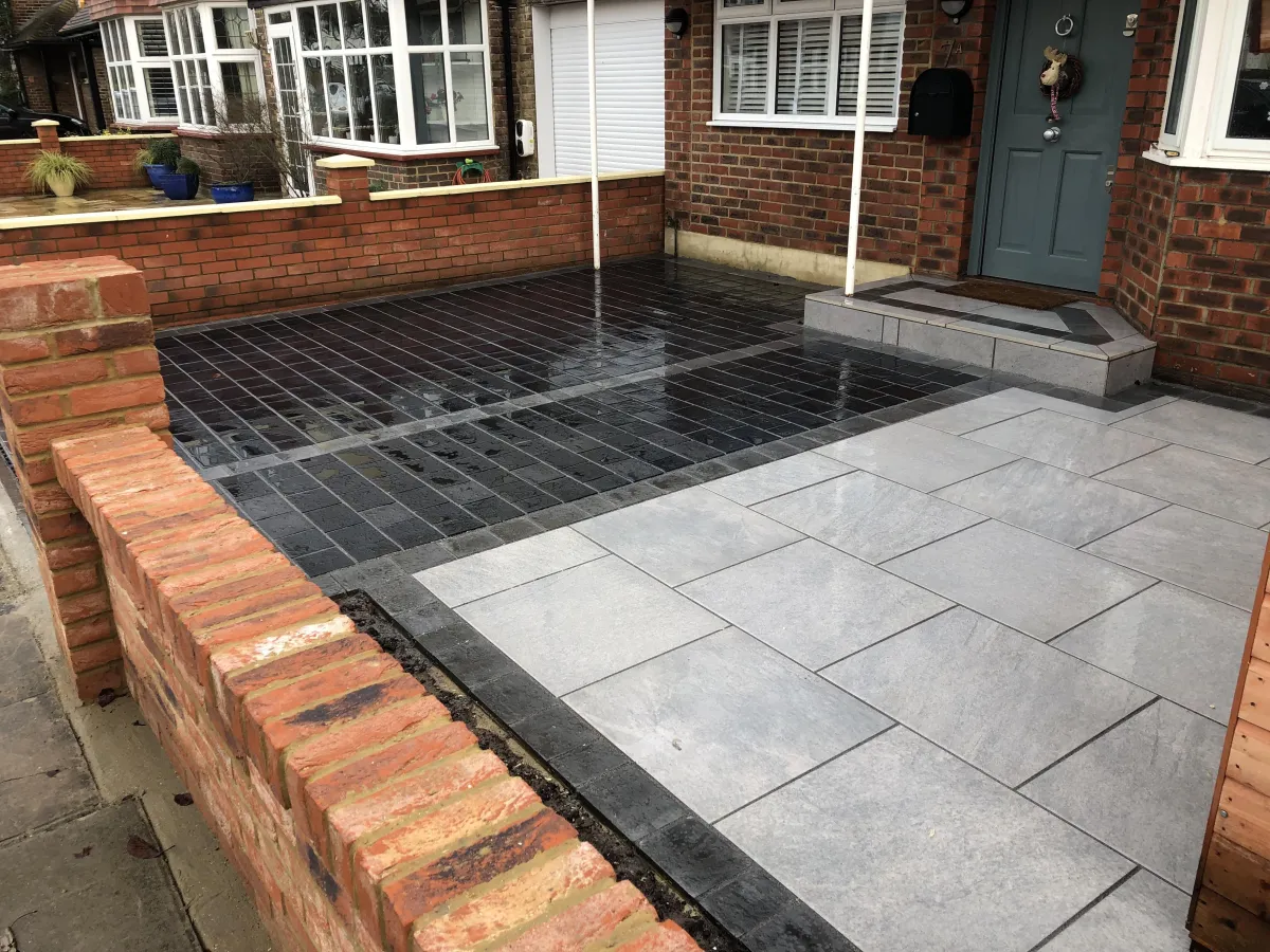 New front driveway installation in Twickenham Marshalls porcelain and drivesys