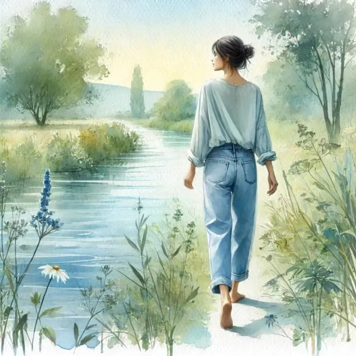 Women walking by a peaceful lake 