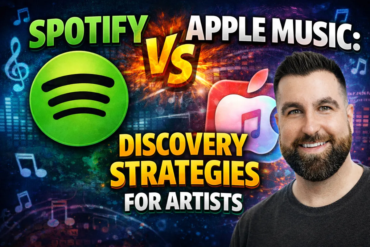 Infographic comparing Spotify vs Apple Music discovery for artists. Spotify focuses on algorithm-driven discovery through playlists, saves, and engagement, while Apple Music relies more on editorial playlists, human curators, and radio placements.