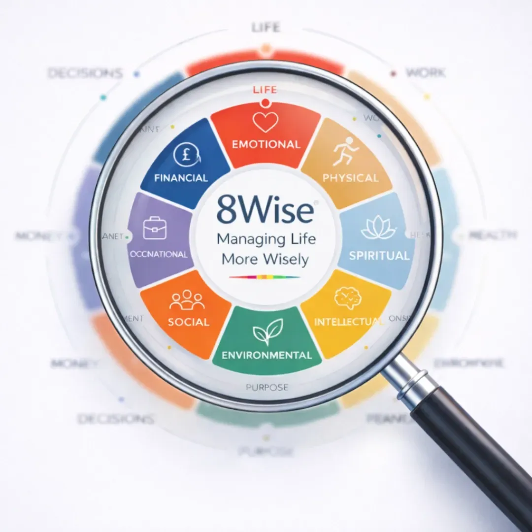A magnifying glass focusing on the 8Wise framework wheel, highlighting the 8 dimensions of wellbeing for personal life and mental health audits.