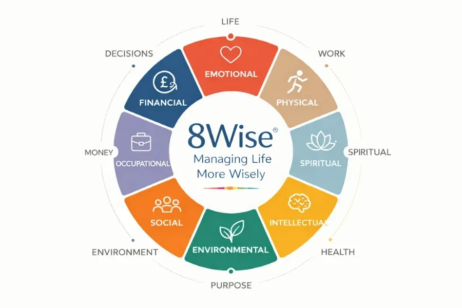 The 8Wise wellbeing wheel showing the 8 pillars: Emotional, Physical, Spiritual, Intellectual, Environmental, Social, Occupational, and Financial health.