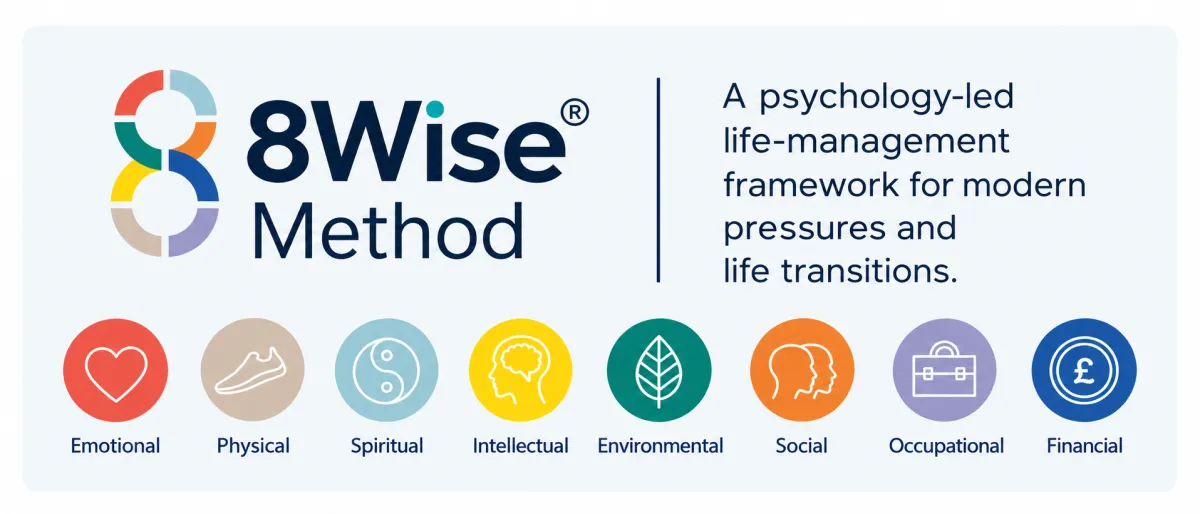 8Wise® Method logo with the tagline "A psychology-led life-management framework for modern pressures and life transitions", above eight icons: Emotional, Physical, Spiritual, Intellectual, Environmental, Social, Occupational and Financial.